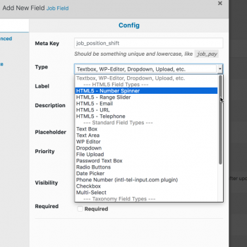 WP Job Manager Field Editor new HTML5 Field Types